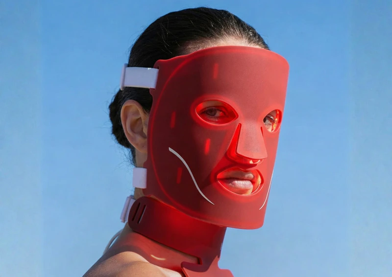 Vrouw die een rood licht therapie masker gebruikt voor gezichtsverzorging